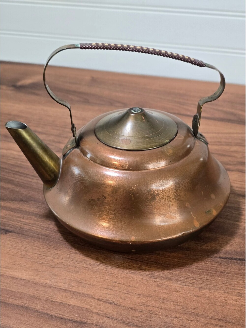 Vintage Daalderop Copper Brass Tea Kettle Wicker Handle Made in Holland